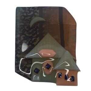 Lucinda House Pin Vintage‎ Handmade Pin Brooch Gray Pink House Moon 90's No Tag